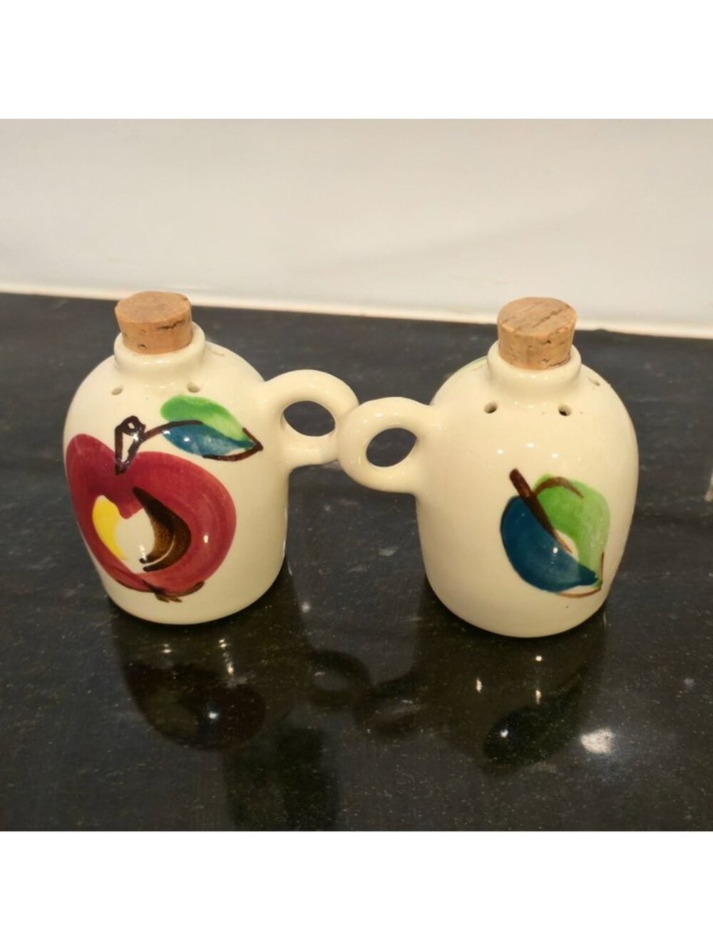 Vintage Apple Salt and Pepper Shakers Mini crocks pottery Hand Painted Jugs - Picture 5 of 8